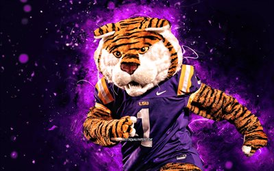 Mike the Tiger, 4k, mascotte, LSU Tigers, luci al neon viola, NCAA, creativo, USA, mascotte LSU Tigers, mascotte NCAA, mascotte ufficiale, mascotte Mike the Tiger