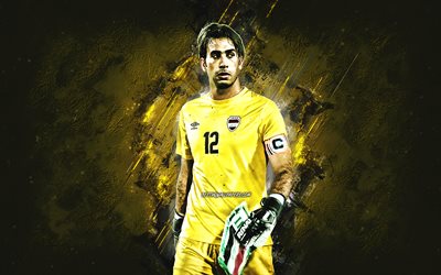 Jalal Hassan, Iraq national football team, goalkeeper, Iraqi footballer, yellow stone background, football, Iraq