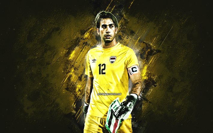 Jalal Hassan, squadra nazionale di calcio irachena, portiere, calciatore iracheno, sfondo di pietra gialla, calcio, Iraq