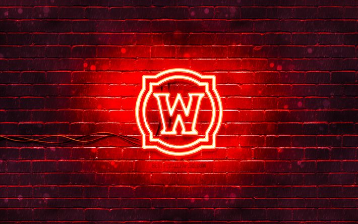 World ofWarcraftの赤いロゴ, 4k, すごい, 赤レンガの壁, World ofWarcraftのロゴ, creative クリエイティブ, World ofWarcraftのネオンロゴ, すごいロゴ, World of Warcraft