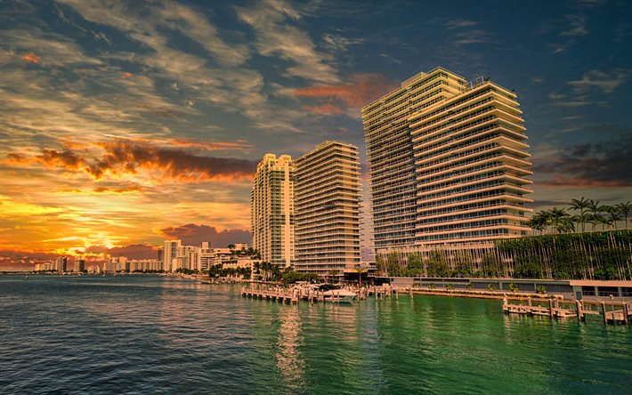 Miami, sera, tramonto, costa, oceano, baia, edifici, paesaggio urbano di Miami, skyline di Miami, Florida, USA