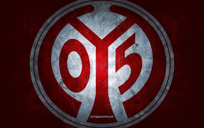 1 FSV Mainz 05, club de football allemand, fond de pierre rouge, 1 logo FSV Mainz 05, art grunge, Bundesliga, football, Allemagne, embl&#232;me de Mayence 05