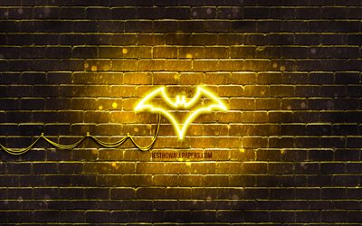 batwoman gelbes logo, 4k, gelbe mauer, batwoman logo, superhelden, batwoman neon logo, dc comics, batwoman