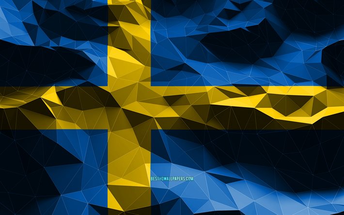 4k, スウェーデンの旗, 低ポリアート, ヨーロッパ諸国, 国のシンボル, 3Dフラグ, スウェーデン, ヨーロッパ, スウェーデンの3Dフラグ