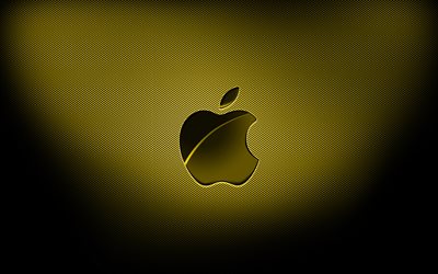 4k, Apple yellow logo, yellow grid backgrounds, brands, Apple logo, grunge art, Apple