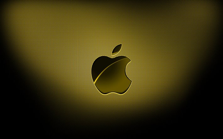 4k, logotipo amarelo da Apple, planos de fundo de grade amarela, marcas, logotipo da Apple, arte grunge, Apple