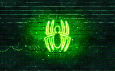 Logo verde di Spider-Man, 4k, muro di mattoni verde, logo di Spider-Man, Spiderman, supereroi, logo al neon di Spider-Man, Spider-Man