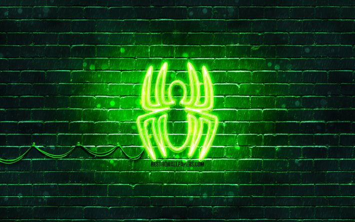 Spider-Man gr&#246;n logotyp, 4k, gr&#246;n brickwall, Spider-Man-logotyp, Spiderman, superhj&#228;ltar, Spider-Man neonlogotyp, Spider-Man