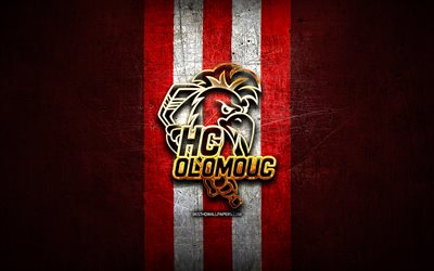 HC Olomouc, ouro logotipo, Extraliga, vermelho de metal de fundo, checa equipa de h&#243;quei, checa hockey league, Olomouc logotipo, h&#243;quei, Olomouc