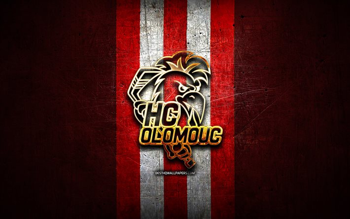 hc olomouc, golden logo, extraliga, red metal hintergrund, der tschechischen eishockey-team, tschechischen eishockey-liga, olomouc-logo, hockey, olomouc