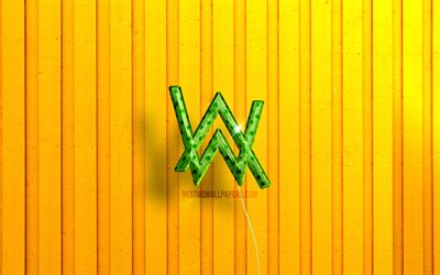 Alan Walker 3D logo, 4K, green realistic balloons, Alan Olav Walker, yellow wooden backgrounds, Norwegian DJs, Alan Walker logo, Alan Walker