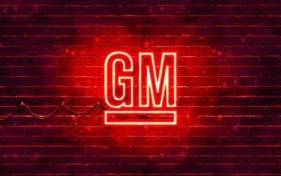 Logo General Motors rosso, 4k, muro di mattoni rosso, logo General Motors, marche di automobili, logo al neon General Motors, General Motors
