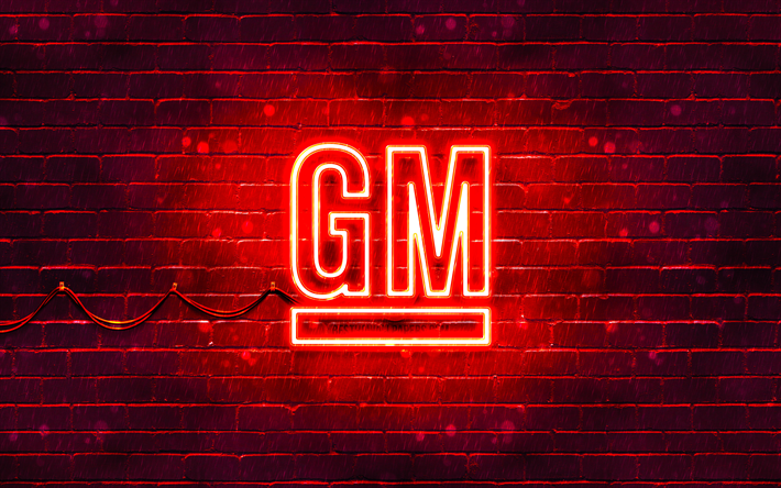 General Motors red logo, 4k, red brickwall, General Motors logo, cars brands, General Motors neon logo, General Motors