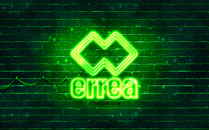 Logo Errea verde, 4k, muro di mattoni verde, logo Errea, marchi, logo neon Errea, Errea