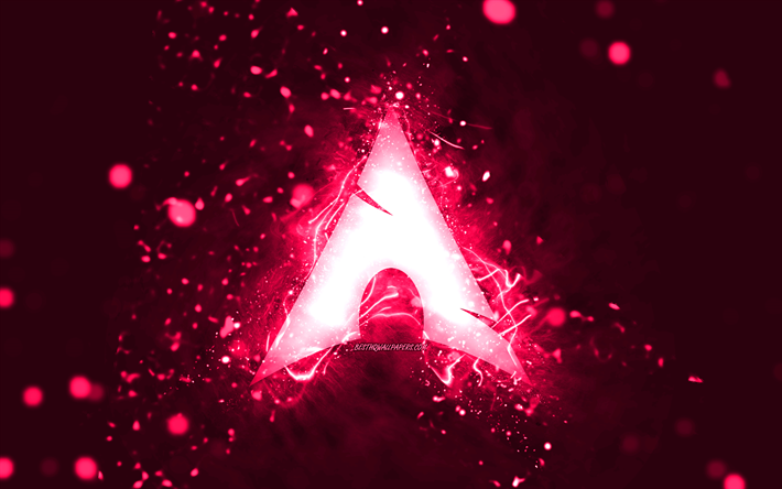 Arch Linux vaaleanpunainen logo, 4k, vaaleanpunaiset neonvalot, luova, vaaleanpunainen abstrakti tausta, Arch Linux -logo, Linux, Arch Linux