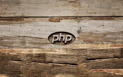 PHP logotipo de madeira, 4K, fundos de madeira, linguagens de programa&#231;&#227;o, PHP logo, criativo, escultura em madeira, PHP