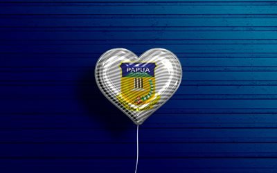 ich liebe papua, 4k, realistische luftballons, blauer holzhintergrund, tag von papua, indonesische provinzen, flagge von papua, indonesien, ballon mit flagge, provinzen von indonesien, papua-flagge, papua