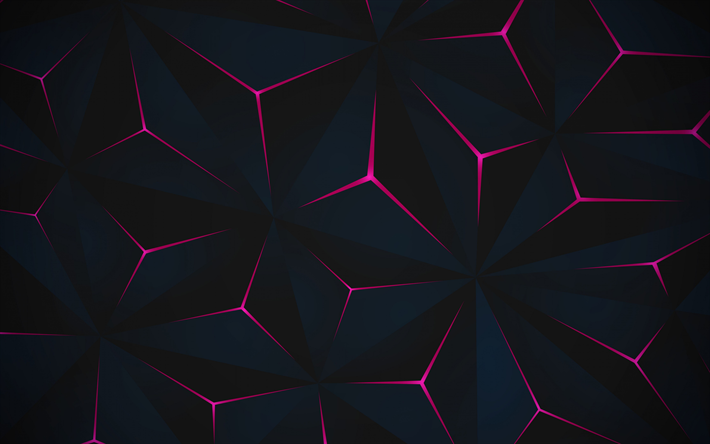 fond de pyramides 3d noires, fond 3d de polygones noirs, polygones noirs, néon violet