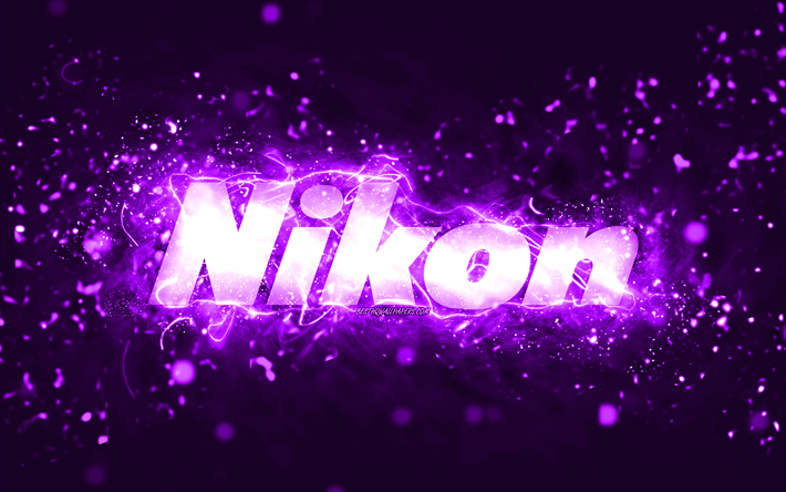 Nikon violet logo, 4k, violet neon lights, creative, violet abstract background, Nikon logo, brands, Nikon