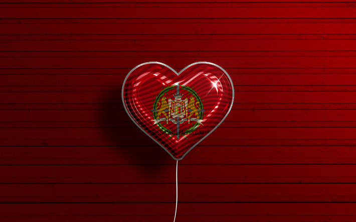 Amo Valladolid, 4k, palloncini realistici, sfondo di legno rosso, Giorno di Valladolid, province spagnole, bandiera di Valladolid, Spagna, palloncino con bandiera, Province della Spagna, Valladolid