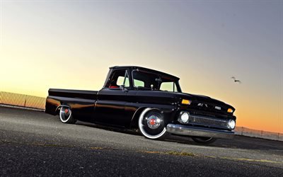 1961, Chevrolet C10, 4k, black pickup truck, Chevrolet Apache, C10 tuning, american vintage cars, Chevrolet