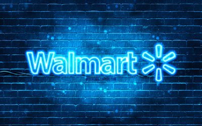 Walmart blue logo, 4k, blue brickwall, Walmart logo, brands, Walmart neon logo, Walmart