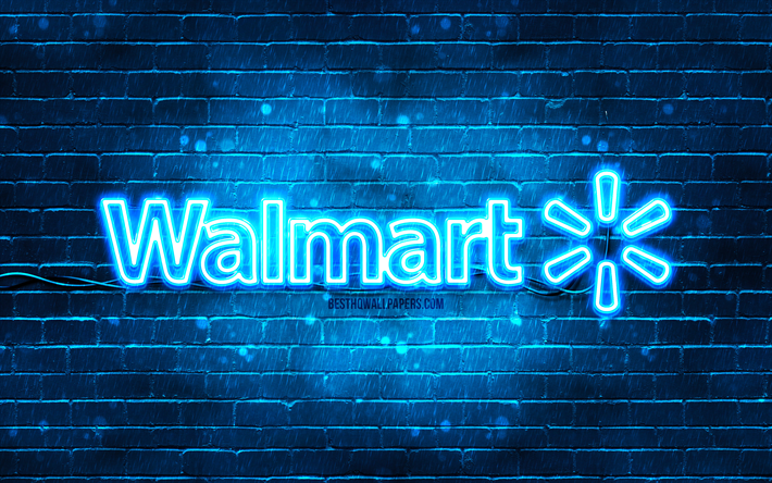 Walmart logo bleu, 4k, bleu brickwall, Walmart logo, marques, Walmart n&#233;on logo, Walmart