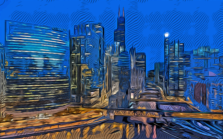 Chicago, Willis Tower, 4k, vekt&#246;r sanatı, Chicago &#231;izimi, yaratıcı sanat, Chicago sanatı, vekt&#246;r &#231;izimi, Chicago şehir manzarası, soyut şehir, Chicago manzarası, ABD, Trump International Hotel and Tower