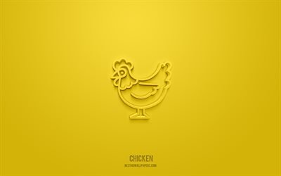 Kyckling 3d-ikon, gul bakgrund, 3d-symboler, Kyckling, djurikoner, 3d-ikoner, Kycklingtecken, djur 3d-ikoner