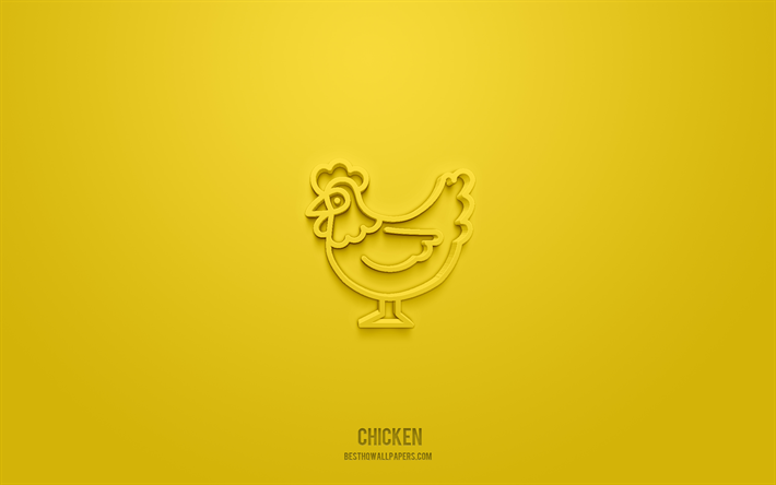 Kyckling 3d-ikon, gul bakgrund, 3d-symboler, Kyckling, djurikoner, 3d-ikoner, Kycklingtecken, djur 3d-ikoner