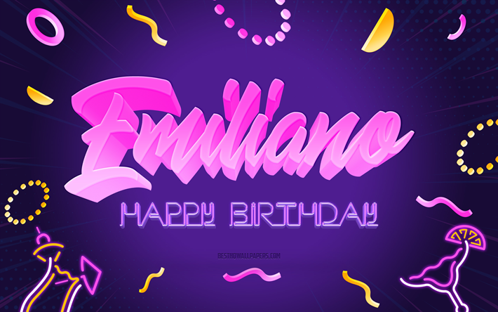 Happy Birthday Emiliano, 4k, Purple Party Background, Emiliano, creative art, Happy Emiliano birthday, Emiliano name, Emiliano Birthday, Birthday Party Background