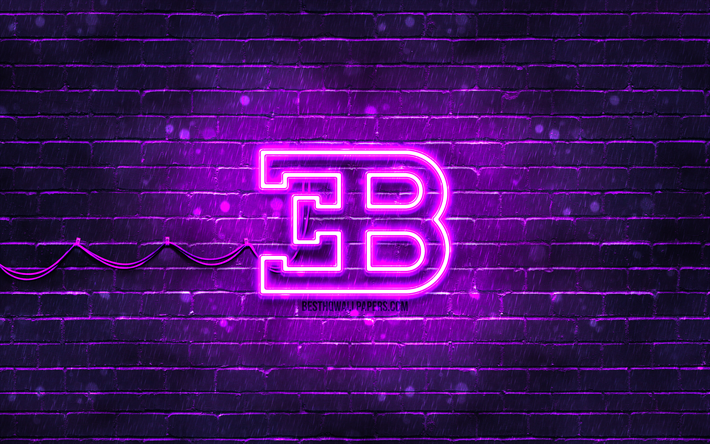 Bugatti violet logo, 4k, violet brickwall, Bugatti logo, cars brands, Bugatti neon logo, Bugatti