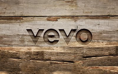 Vevo wooden logo, 4K, wooden backgrounds, brands, Vevo logo, creative, wood carving, Vevo