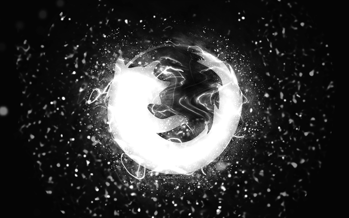 Mozilla white logo, 4k, white neon lights, creative, black abstract background, Mozilla logo, brands, Mozilla
