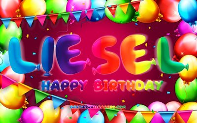 Happy Birthday Liesel, 4k, colorful balloon frame, Liesel name, purple background, Liesel Happy Birthday, Liesel Birthday, popular german female names, Birthday concept, Liesel