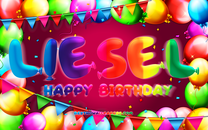 Buon compleanno Liesel, 4k, cornice a palloncino colorato, nome Liesel, sfondo viola, Liesel buon compleanno, Liesel compleanno, nomi femminili tedeschi popolari, concetto di compleanno, Liesel