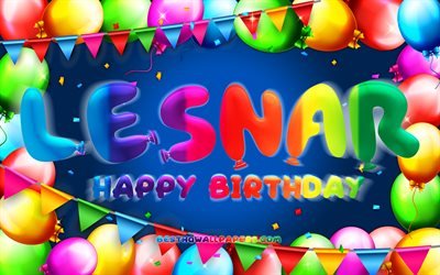 Happy Birthday Lesnar, 4k, colorful balloon frame, Lesnar name, blue background, Lesnar Happy Birthday, Lesnar Birthday, popular german male names, Birthday concept, Lesnar