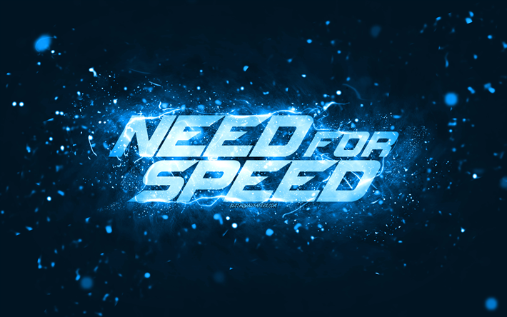 Need for Speed logo bleu, 4k, NFS, n&#233;ons bleus, cr&#233;atif, abstrait bleu, logo Need for Speed, logo NFS, Need for Speed