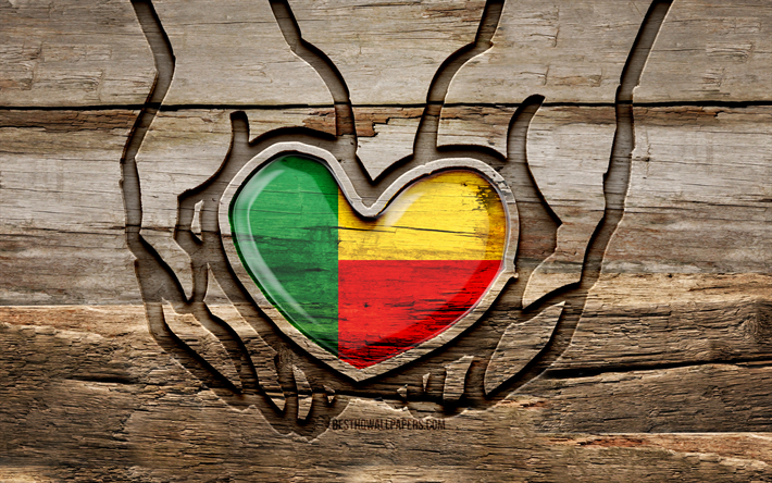 Amo il Benin, 4K, mani intagliate in legno, Giorno del Benin, Bandiera del Benin, Prenditi cura del Benin, creativo, Bandiera del Benin in mano, intaglio del legno, paesi africani, Benin
