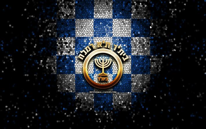 Beitar Tel Aviv Bat Yam FC, parıltılı logo, Leumit Ligi, mavi beyaz damalı arka plan, futbol, İsrail Futbol Kul&#252;b&#252;, Beitar Tel Aviv Bat Yam logo, mozaik sanatı, Beitar Tel Aviv Bat Yam