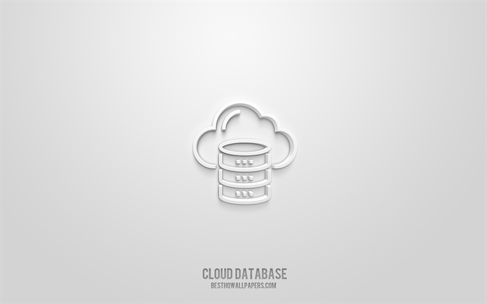 Pilvitietokanta 3d-kuvake, valkoinen tausta, 3d-symbolit, pilvitietokanta, teknologiakuvakkeet, 3d-kuvakkeet, pilvitietokannan merkki, teknologian 3d-kuvakkeet