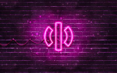 Logo HiPhi viola, 4k, muro di mattoni viola, logo HiPhi, marchi di automobili, logo al neon HiPhi, HiPhi