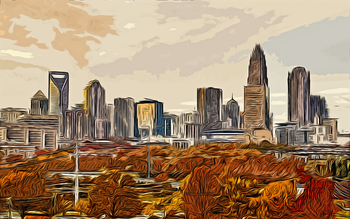 Charlotte, Carolina del Nord, 4k, arte vettoriale, disegno di Charlotte, arte creativa, arte di Charlotte, disegno vettoriale, paesaggi urbani astratti, Charlotte Skyline, USA