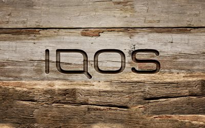 Logo en bois IQOS, 4K, arri&#232;re-plans en bois, marques, logo IQOS, cr&#233;atif, sculpture sur bois, IQOS