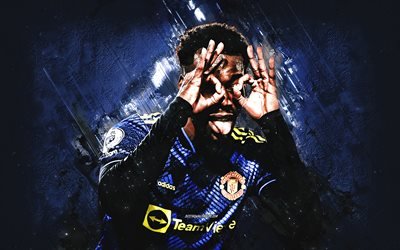 Anthony Elanga, Manchester United FC, Swedish soccer player, portrait, blue stone background, Premier League, England, football