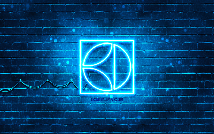 Electrolux blue logo, 4k, blue brickwall, Electrolux logo, brands, Electrolux neon logo, Electrolux