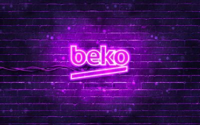 Beko violet logo, 4k, violet brickwall, Beko logo, brands, Beko neon logo, Beko