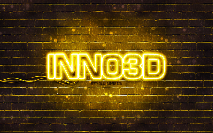 Inno3D yellow logo, 4k, yellow brickwall, Inno3D logo, brands, Inno3D neon logo, Inno3D