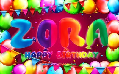 Happy Birthday Zora, 4k, colorful balloon frame, Zora name, purple background, Zora Happy Birthday, Zora Birthday, popular american female names, Birthday concept, Zora