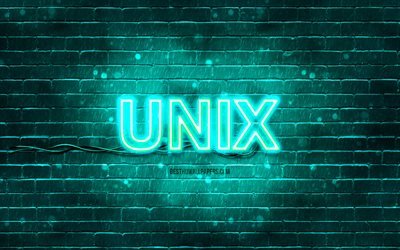Logo Unix turchese, 4k, muro di mattoni turchese, logo Unix, sistemi operativi, logo Unix neon, Unix